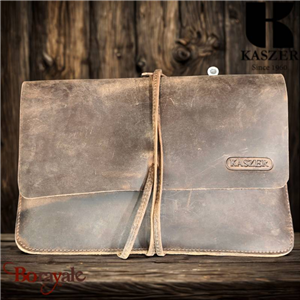 Pochette à cordon KASZER Oregon en cuir de vachette pleine fleur marron naturel