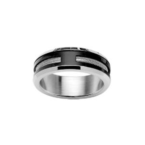 Bague Thabora homme acier et bois argenté et noir T163319-60