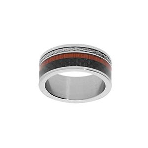 Bague Thabora homme acier, bois et carbone sous résine T160409-68